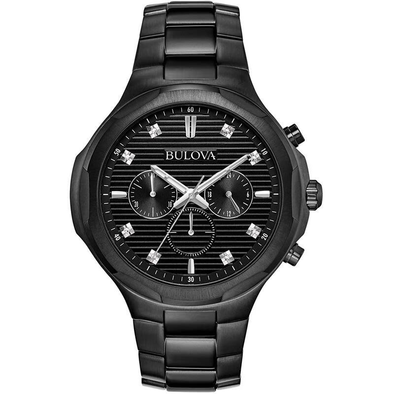 宝路华(bulova)男士腕表 不锈钢石英机芯 多功能三眼计时 46mm黑盘30m
