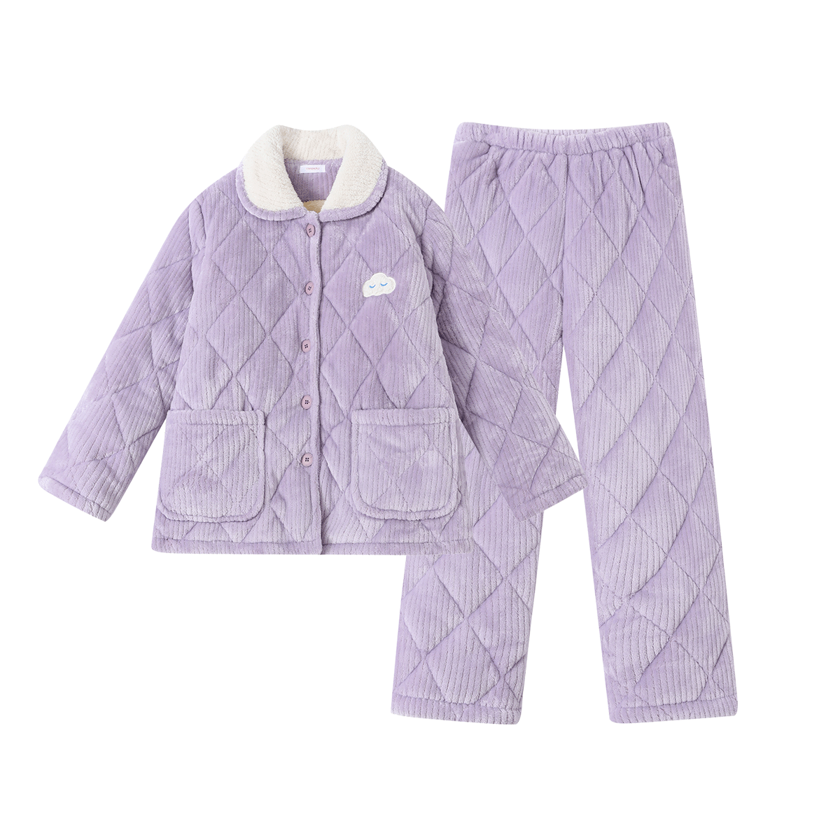 香蜜闺秀【三层夹棉加厚】暖冬可外穿长袖开衫女士家居服棉服保暖睡衣套装 丁香紫 L