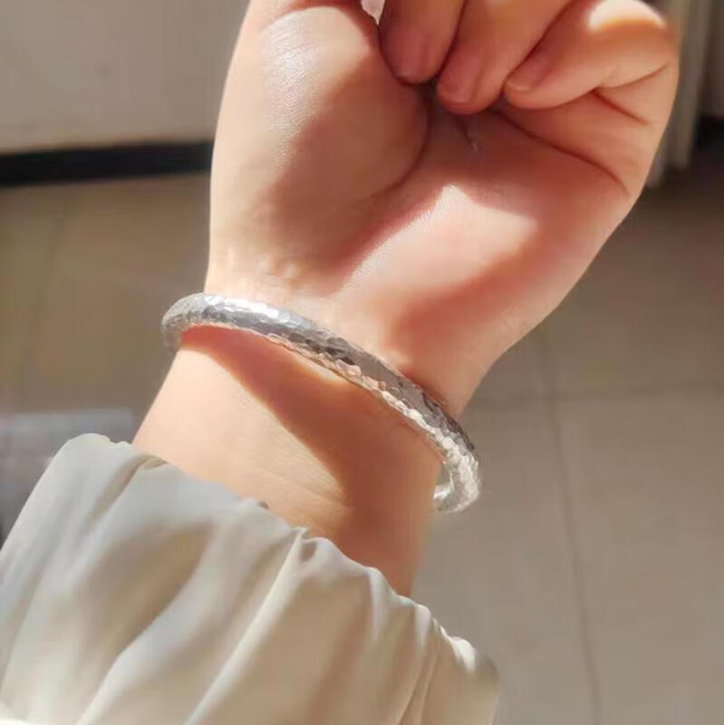 足银999锤纹银手镯男女情侣款简约民族风定制手工银手环 41克锤纹手镯