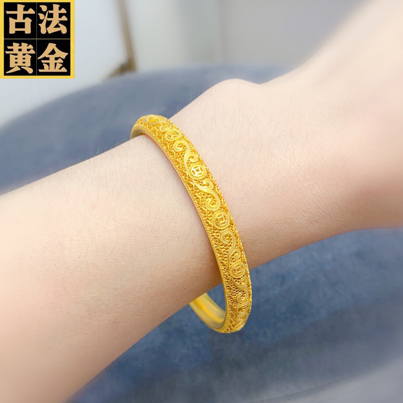 小腰金 古法金镂空足金手镯妈妈款复古999黄金镯子新款999足金送长辈