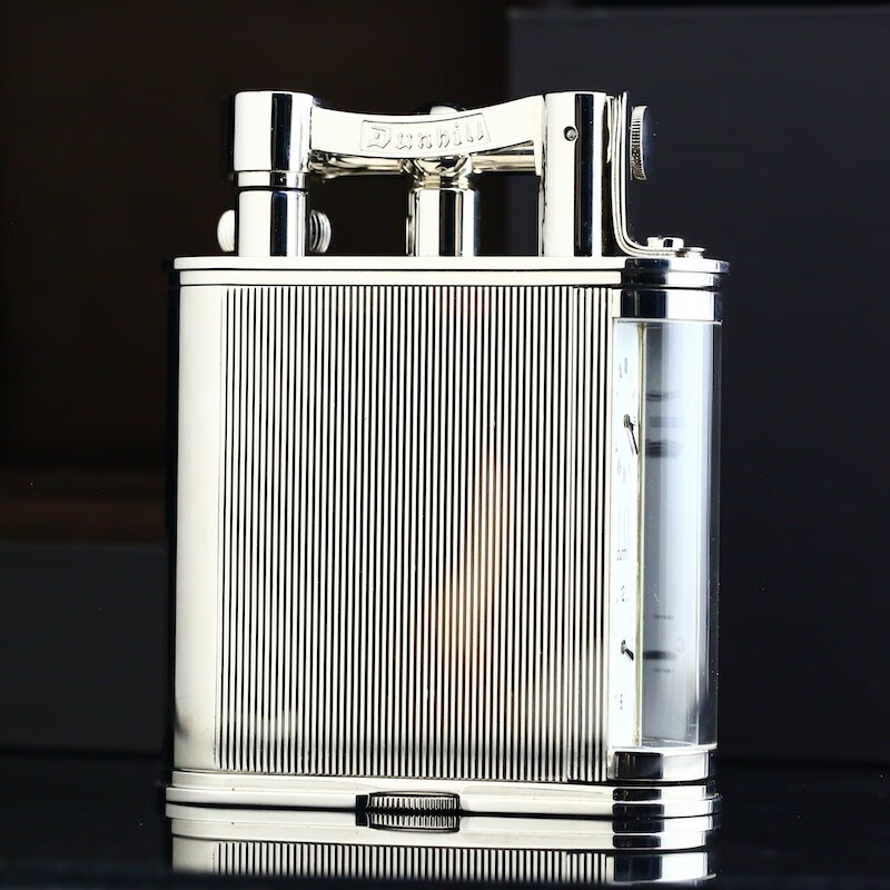 【二手9新】dunhill登喜路充气打火机镀银竖条纹抬臂机台式桌面机带表