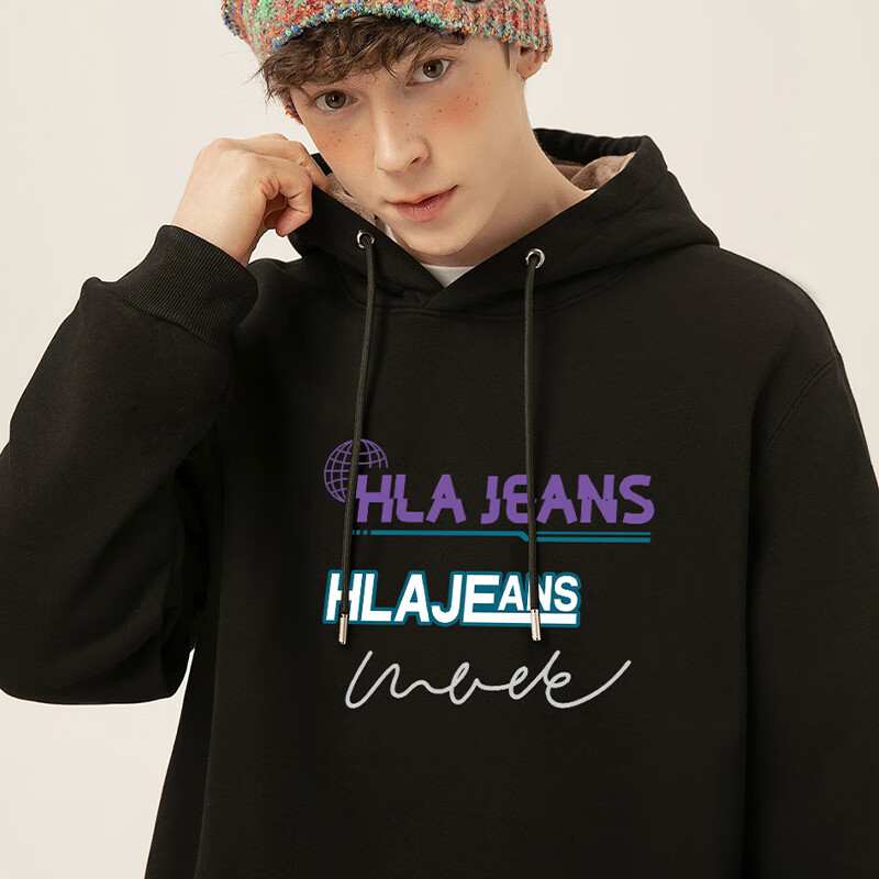 黑鲸海澜之家旗下潮牌加绒加厚连帽卫衣男秋冬季百搭带帽外套 黑 L