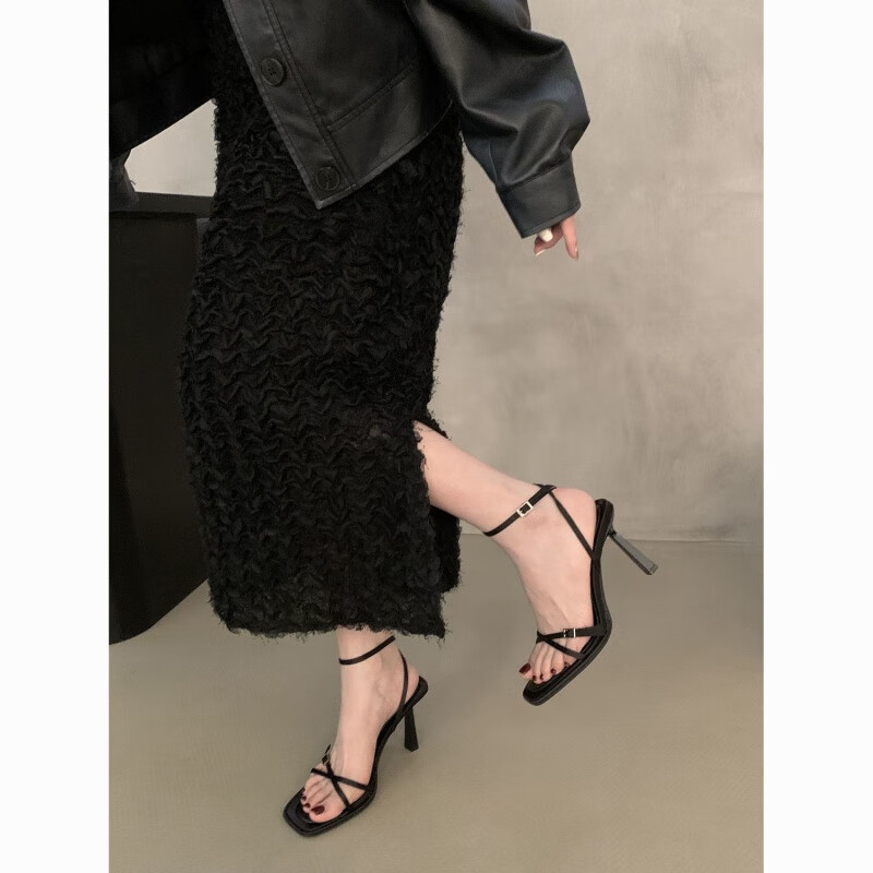 金盈姿法式感气质细跟凉鞋女鞋子2025新款夏季交叉细带方头高跟鞋女 黑色(升级版) 36