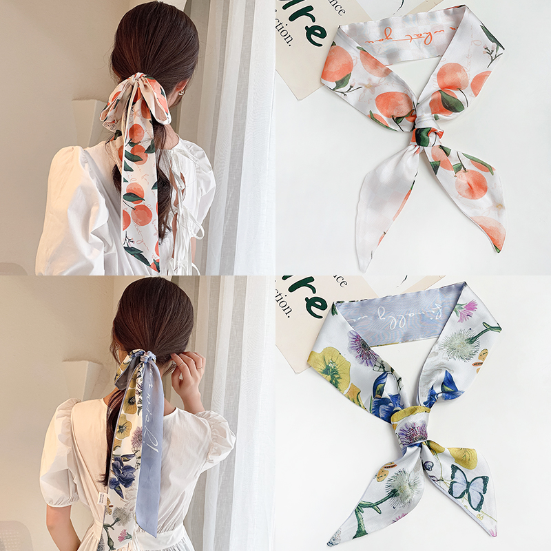 千弗【】新款扎头丝巾发带女夏季薄款绑头发绳气质简约 橘子 蝴蝶花朵
