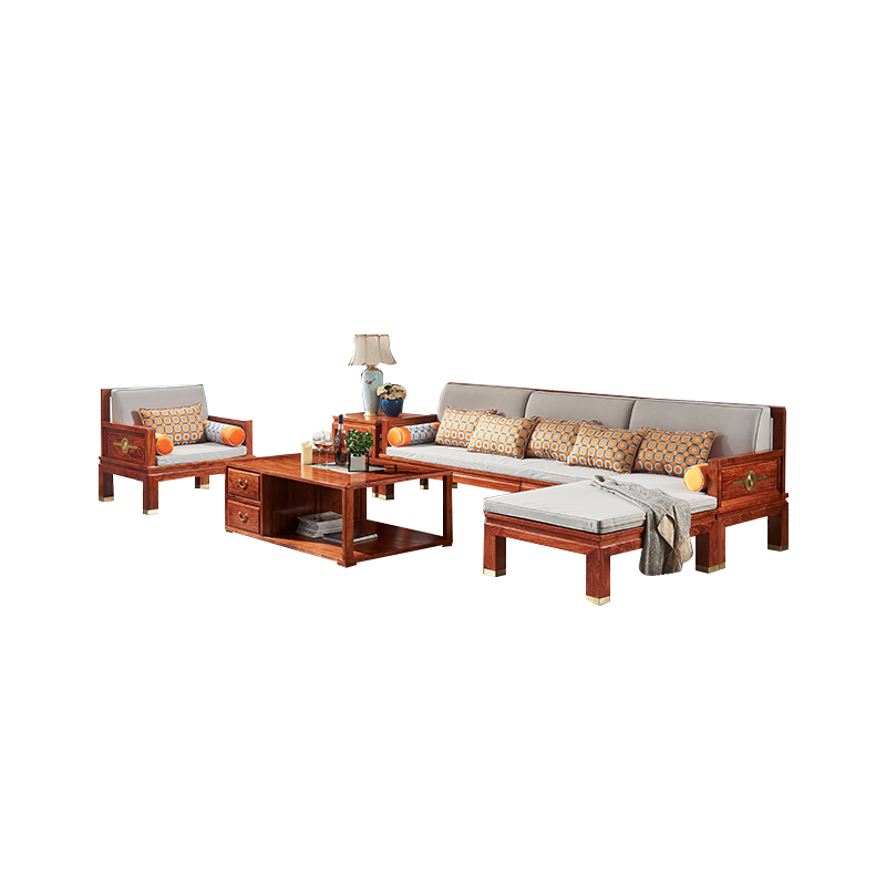 正荣府 红木家具 非洲花梨(学名:刺猬紫檀)全实木新中式沙发 布艺沙发客厅家具转角沙发套装 五件套( 三人+贵妃+单人+大茶几+1角几)