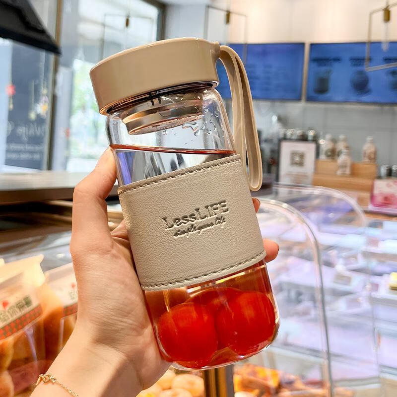 玻璃水杯夏季高颜值男女士办公室简约便携学生泡茶防烫带茶隔杯子 灰色-（皮质杯套）-1个装 480ml 默认