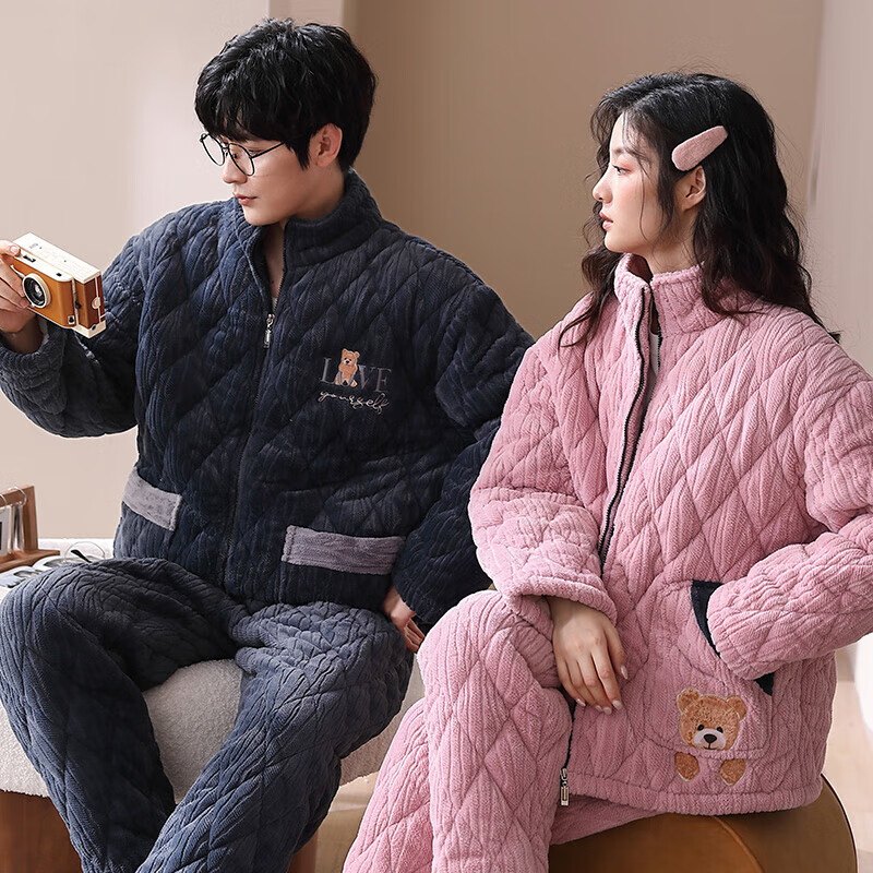 芬腾【清仓】情侣珊瑚绒夹棉睡衣女士冬季三层加厚男抗静电家居服套装 FJ2491099浅紫【单女款】 L 建议:女110-124斤,男126-146斤