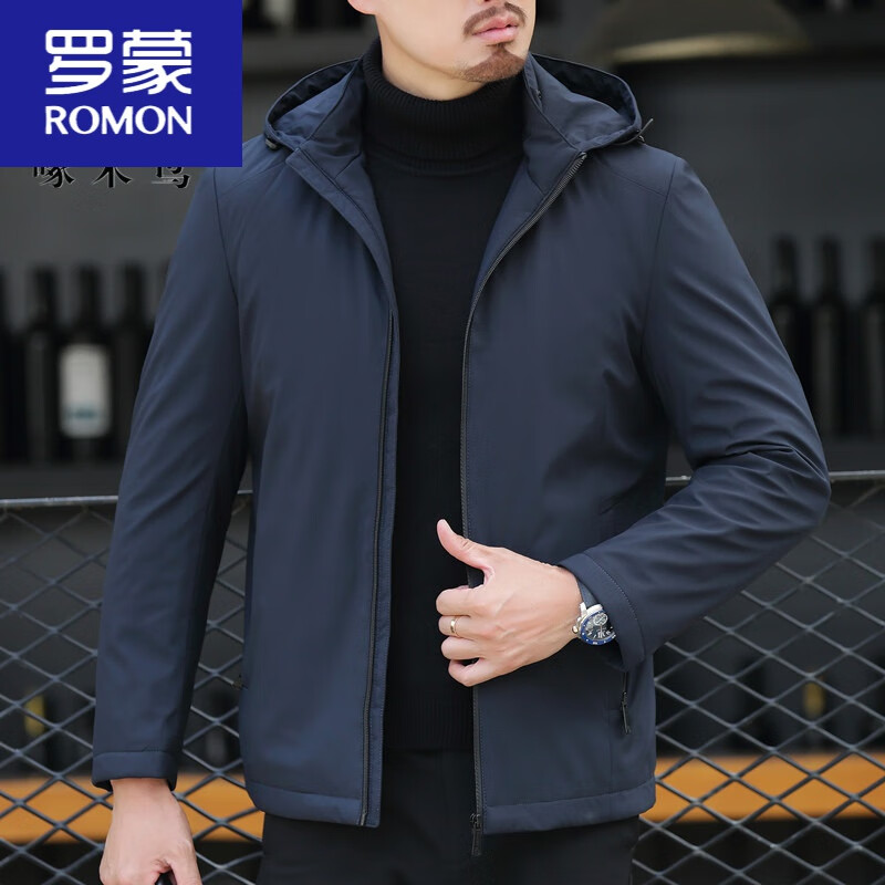 罗蒙品牌轻奢高档男装 秋冬季中年商务男棉服薄款休闲棉上衣短款加厚夹克外套爸爸冬装带帽新品 19983款藏青 可拆帽子+固定棉内胆 180/96A(XL)