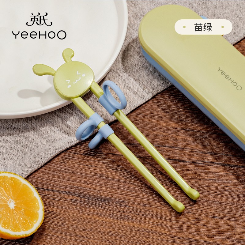 英氏（YeeHoO）儿童筷子婴儿宝宝幼儿小朋友儿童练习筷子辅食勺筷子 青苹果绿（送定制专用盒子）