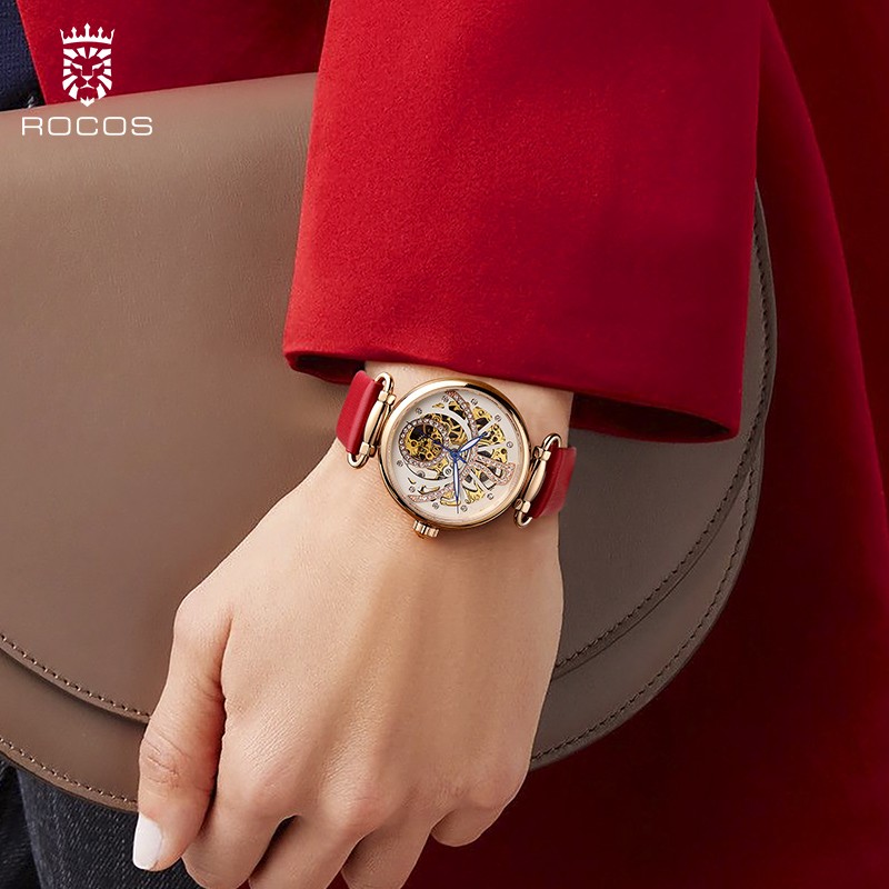 ROCOS 品牌双面镂空女士手表全自动时尚机械表潮流皮带防水女生腕表 魅力红  女表