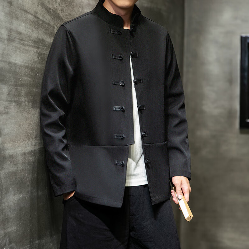 逗菁新中式西装男新中式男装高级感诘襟西服男设计感立领社会黑中山装