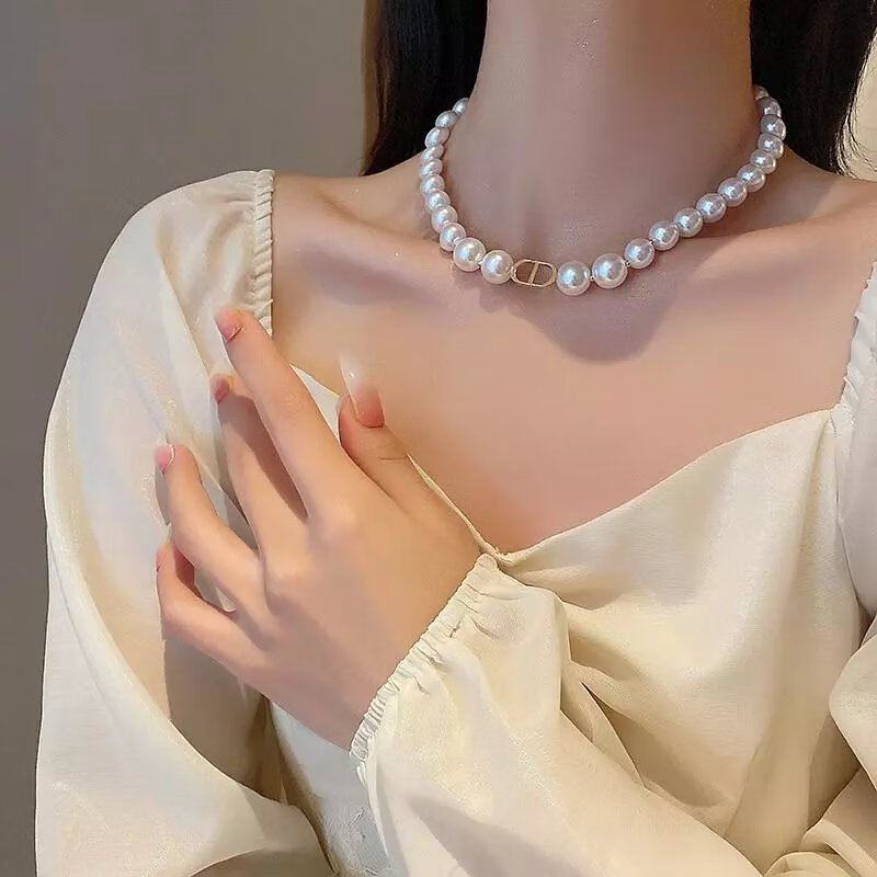玻璃珍珠项链女轻奢小众2023年装饰颈链锁骨链 字母玻璃珍珠项链【金色】-珠子8
