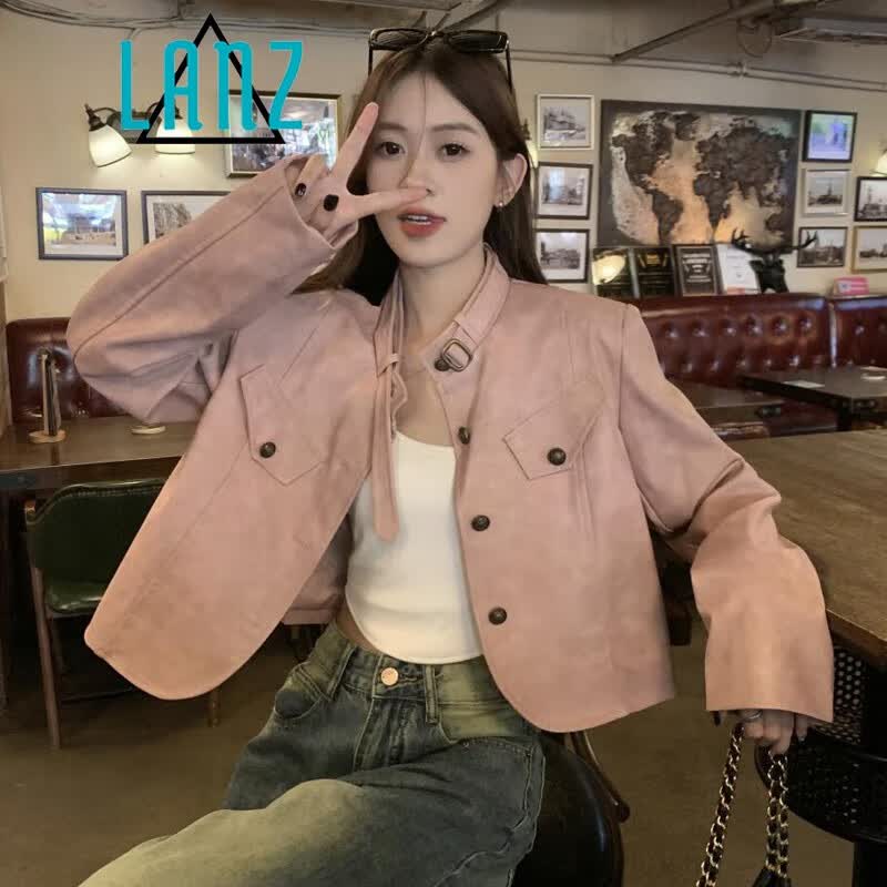 岚烨美式辣妹粉色长袖立领PU皮衣外套女秋季新款宽松短款机车夹克上衣 粉色 S使用感如何?
