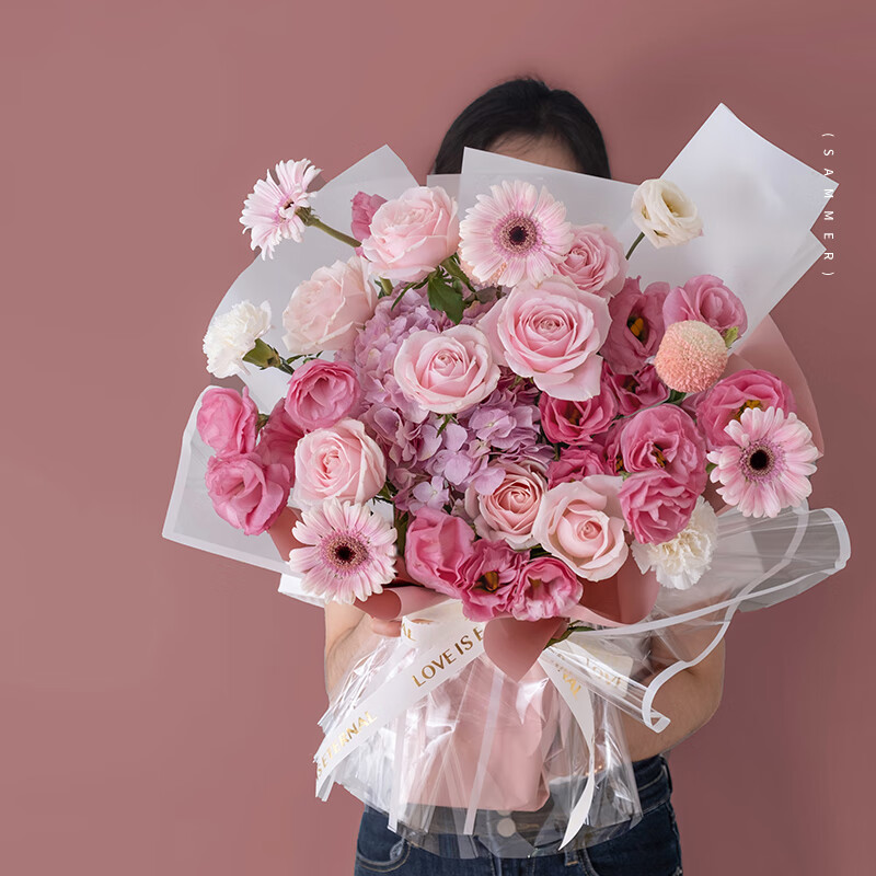 当日达生日纪念日送女友老婆绣球玫瑰韩式花束 粉色浪漫混搭韩式花束