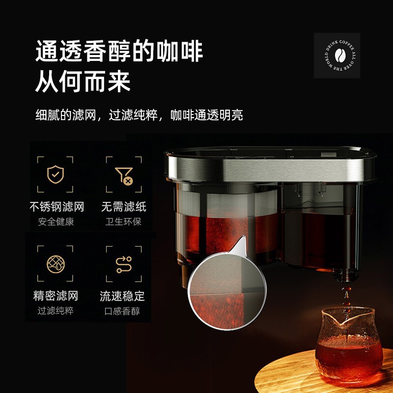 柏翠美式咖啡机全自动磨豆粉两用咖啡豆研磨煮一体机家用办公室保温咖啡壶大容量 PE3200 节日礼物 银色