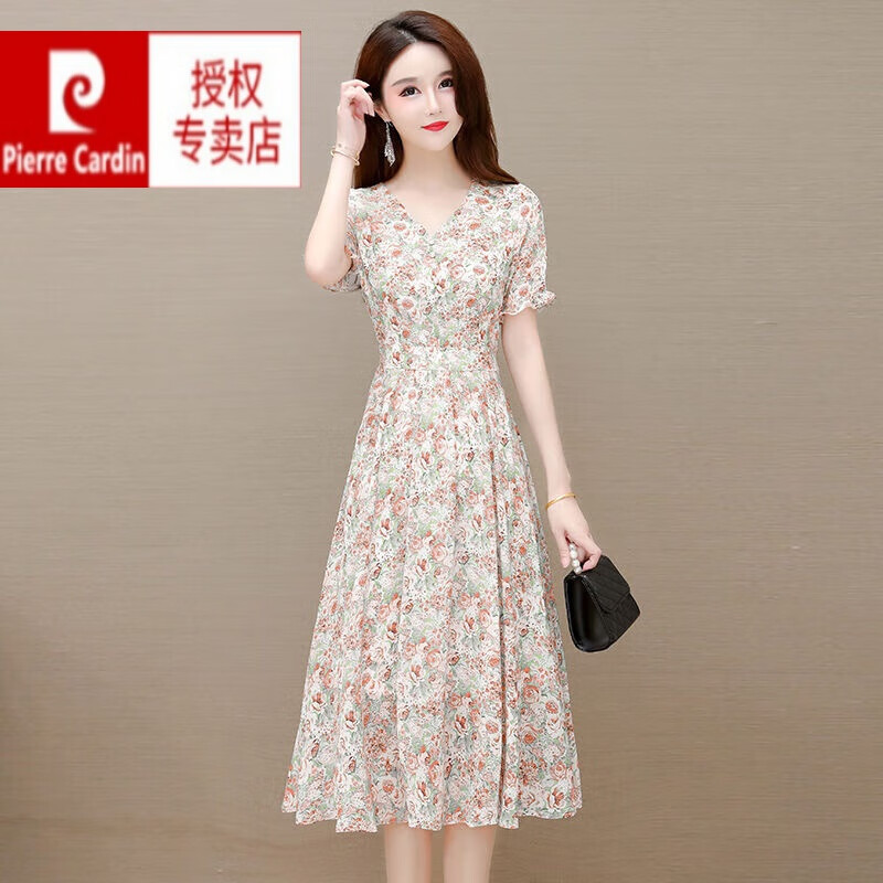 中年领收腰气质中长款裙子广州十三行 贵夫人粉花 【颜色偏浅一点】