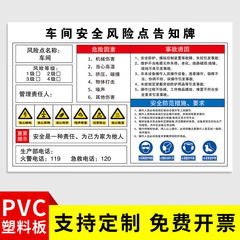涛辰安全风险点告知牌岗位告知卡工厂仓库配电房锅炉房喷 车间 30x40