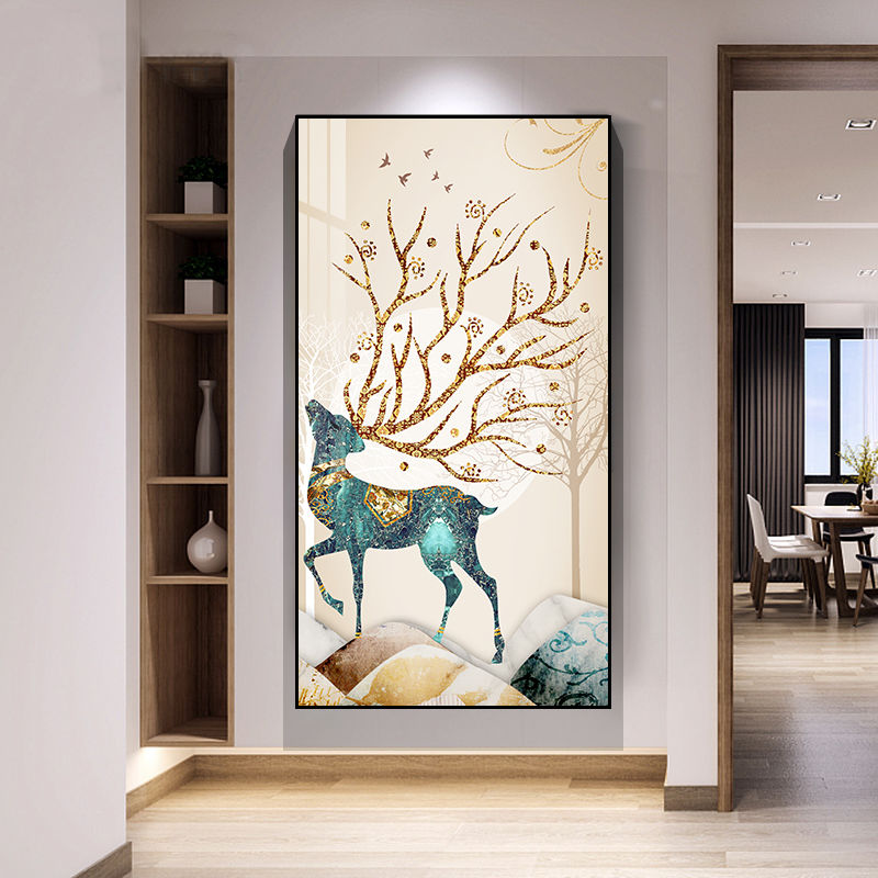 【工厂现发】入户玄关装饰画现代简约走廊过道尽头挂画竖版新中式福鹿