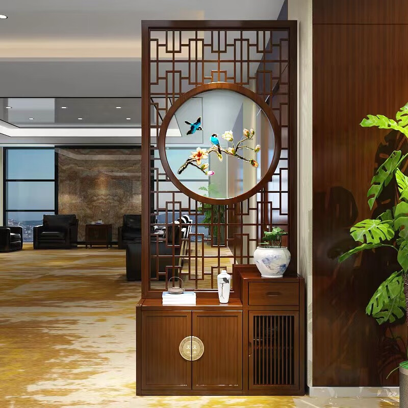 屏风隔断苏绣刺绣玄关翻柜装饰遮挡一体 80*220含矮柜胡桃木双面刺绣