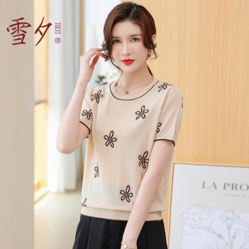 雪夕(xuexi)妈妈夏装年轻冰丝短袖t恤女士2024新款女装中年针织薄上衣