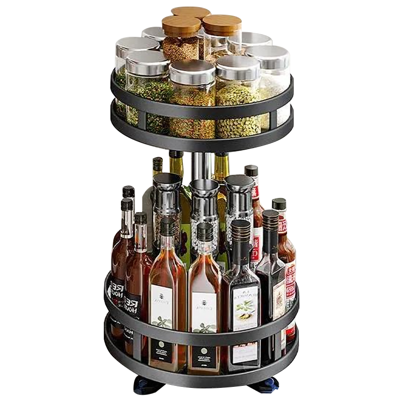 曙亮-厨房置物架 调料架 360度可旋转 调味品 不锈钢  圆形 多功能收纳盒架 免打孔 二层