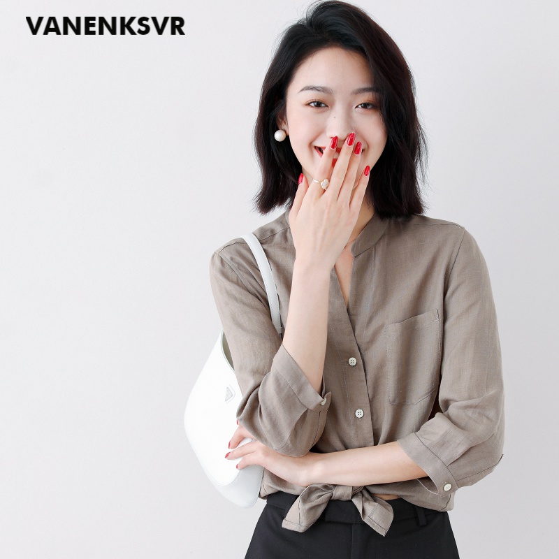 梵恩萨(vanenksvr)轻奢品牌亚麻衬衫女 洒脱率性 时髦新风潮 单排扣