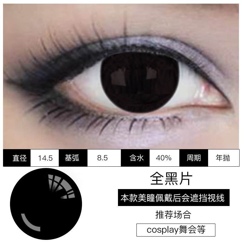 盲片遮瑕美容虹膜美瞳遮光片隐型隐形眼镜年抛大小直径kw 全黑片【2片