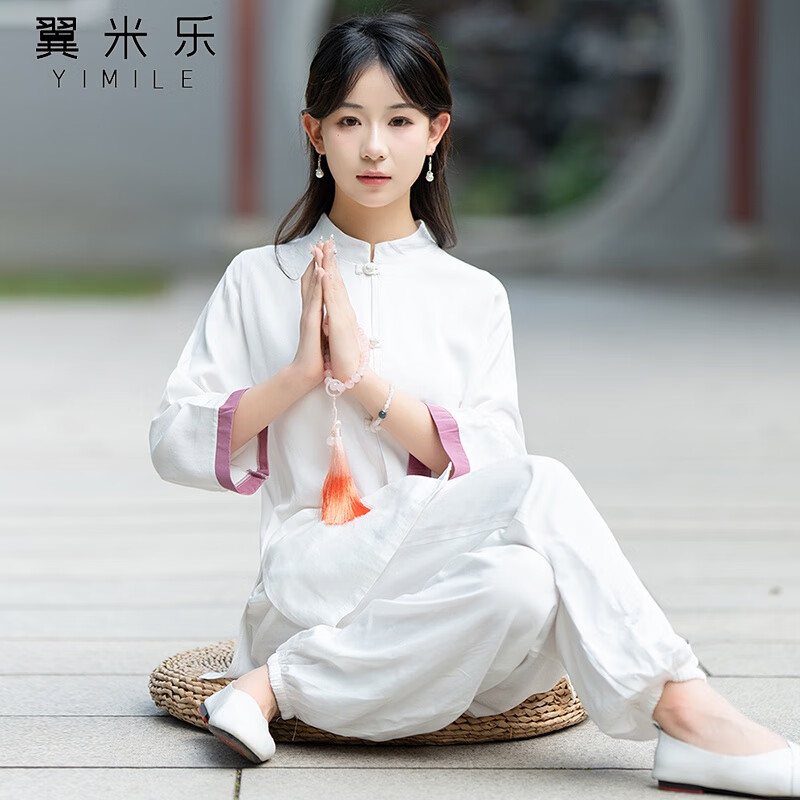 翼米樂太極服中國風(fēng)佛系禪服禪意素衣中式茶服春秋茶藝服裝居士服女款 白色套裝 L