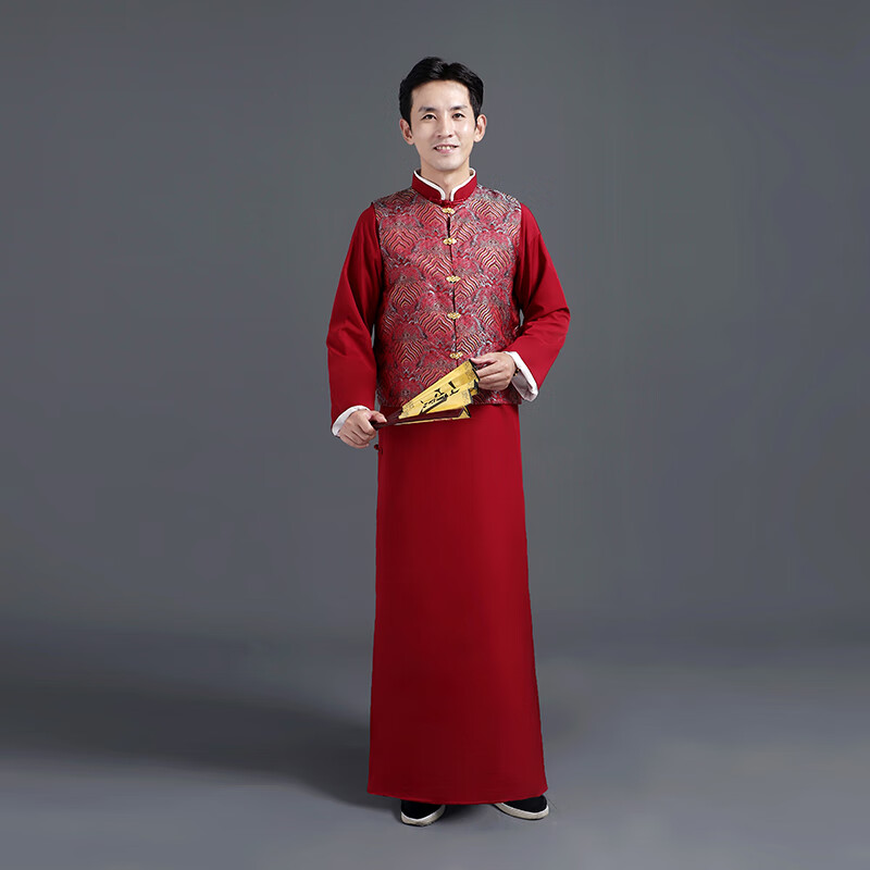 歌鹏中式婚礼司仪主持人男服装长衫民国古装男装大褂长袍 红色长衫