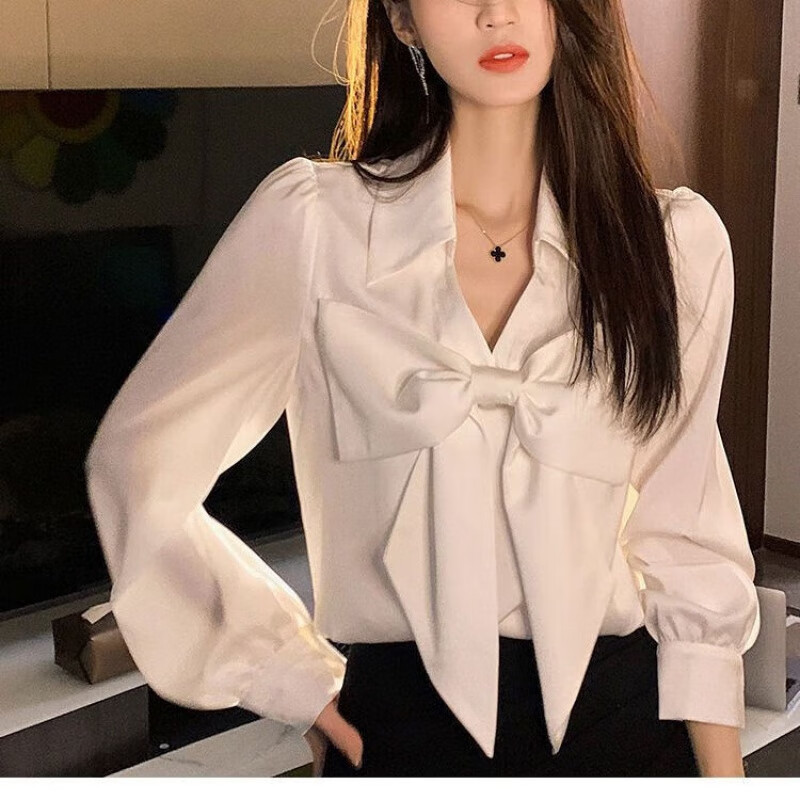 乔骏晟2023名媛锁骨翻领大蝴蝶结女人味v领女士白衬衫洋气 白色 s 80