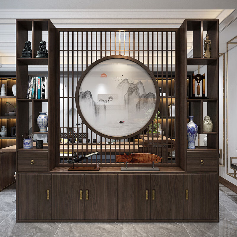羡上新中式实木隔断屏风柜入户门玄关置物架办公室墙现代简约客厅酒柜