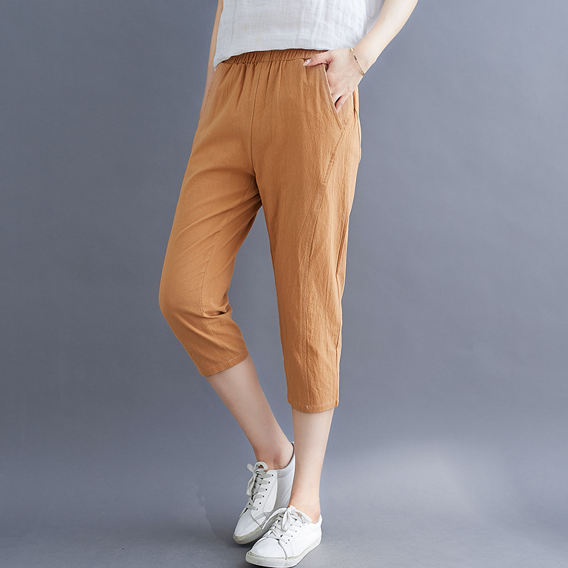 德朔夏天清凉百搭女士裤子棉麻七分裤女夏季文艺复古松紧腰显瘦休闲裤
