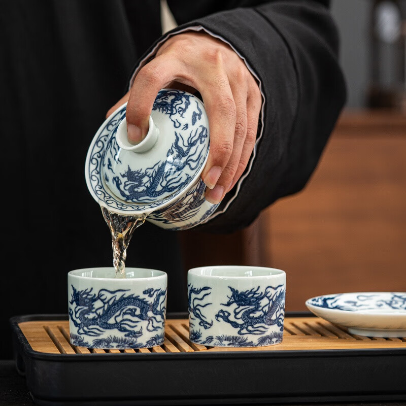希格鲨羊脂玉白瓷盖碗可悬停旋转陶瓷单个三才防烫茶具套装茶碗茶杯 悬停盖碗+两茶杯[龙腾四海]