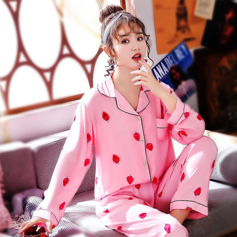 傲娇时光 棉绸睡衣女夏季短袖长裤套装韩版可爱薄款家居服两件套 C3650粉色草莓05 160(M)