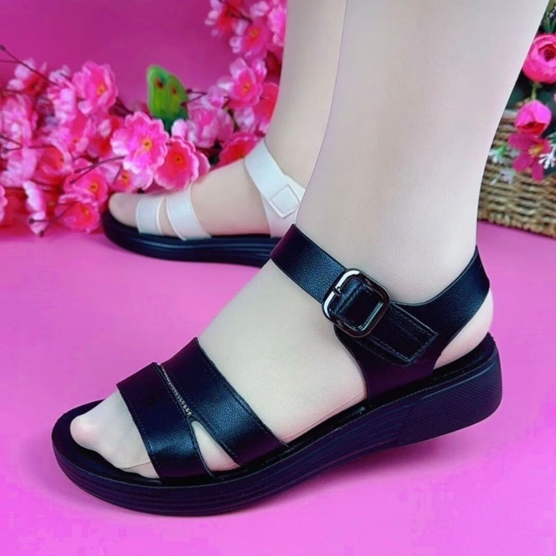 伐柯中年妇女平底皮凉鞋中老年女士妈妈鞋平底凉鞋女夏季2023年新款软