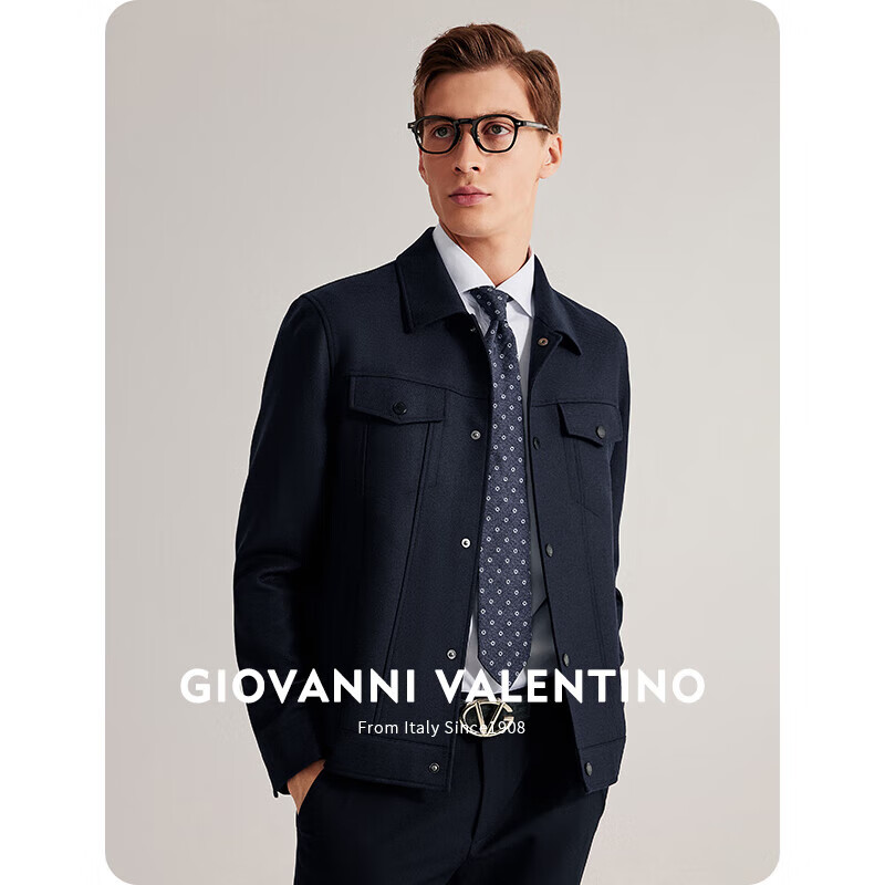 卓凡尼·华伦天奴（GIOVANNI VALENTINO）羊毛混纺商务休闲衣服男士翻领夹克外套 藏青 L（175/92A） 