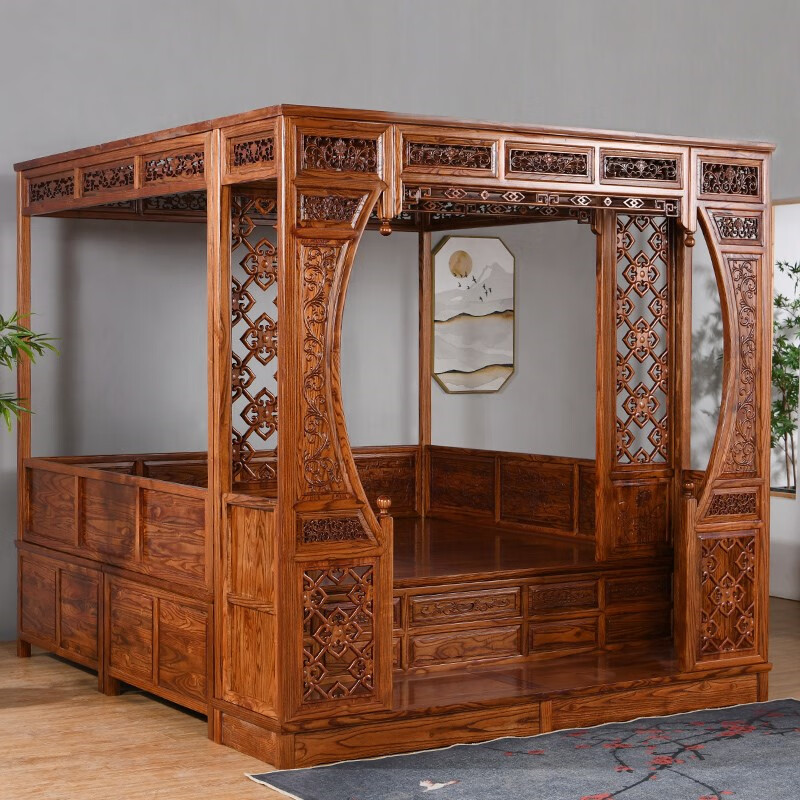 弗拉基米全实木架子床仿古古典南榆洞双人千工拔步床新中式踏步床