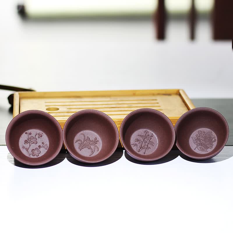 鲍鼎泰中式雅器 梅兰竹菊四君子紫砂茶杯 功夫茶具主人杯四杯套装 四君子