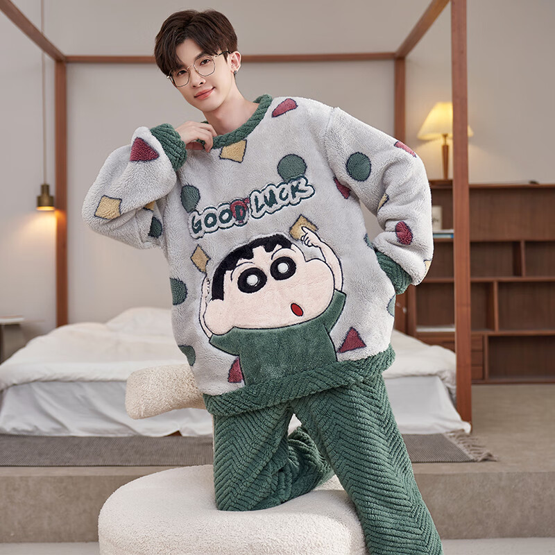 萧淑妃睡衣男冬季加厚保暖法兰绒加大码青少年学生原创卡通珊瑚绒家居服 蜡笔小新 5XL