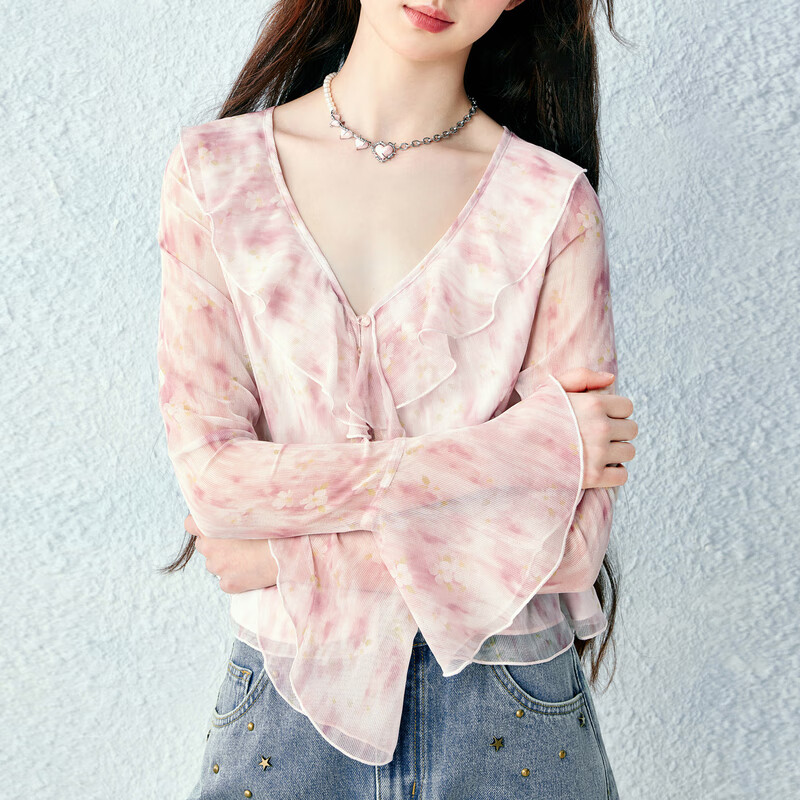 乐町甜美浪漫肌理感清透印花木耳边衬衫夏季新款V领显瘦衬衣 彩色印花(现货) S
