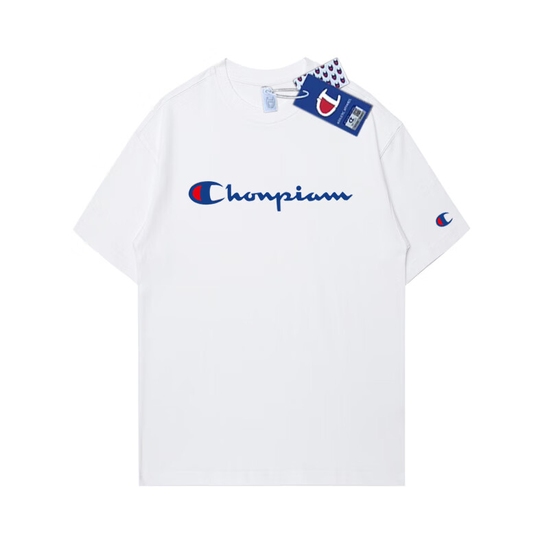 冠军吉祥短袖t恤男女夏季重磅刺绣棉上衣 白色 横标 s
