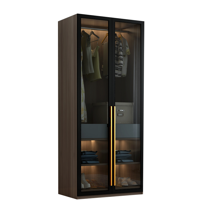 叶帆家具衣柜卧室对开门组合衣柜 玻璃门大衣柜胡桃木色 2门单衣柜