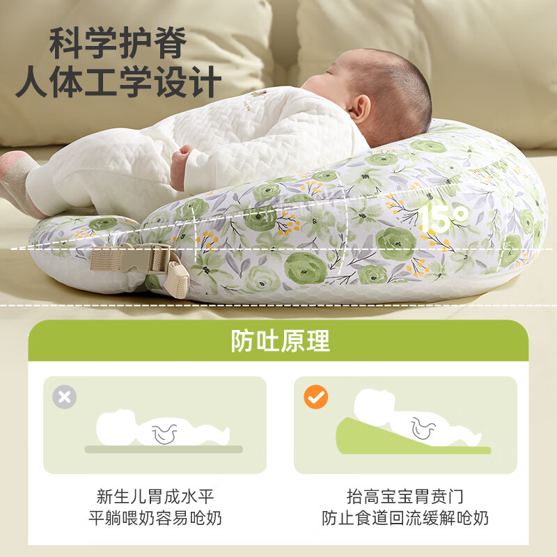 Kissbaby Miracle婴儿防吐奶斜坡垫 宝宝防溢奶呛奶枕头新生儿躺靠喂奶神器 希望花园【躺喂二合一哺乳枕】