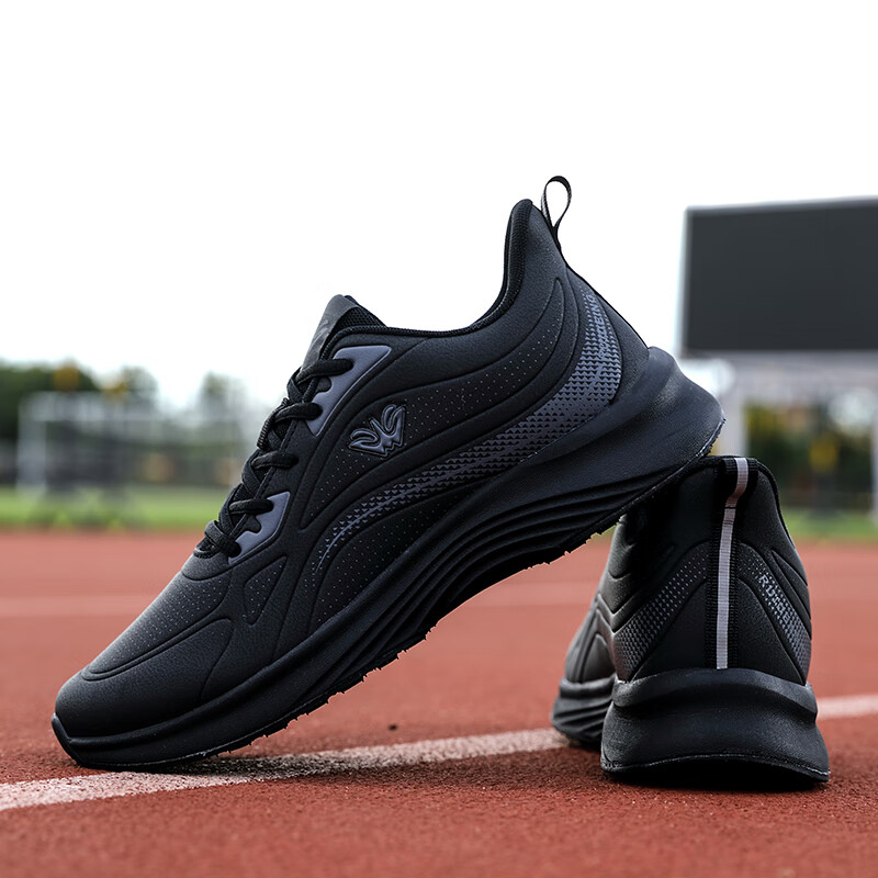 支持国货育课跑步鞋 运动鞋男秋冬季新款男士皮面防水黑色休闲跑步