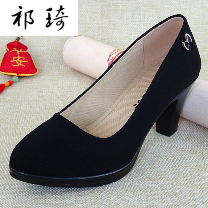 老北京布鞋女高跟礼仪鞋女新款黑色时尚一体跟职业通勤礼仪工作鞋浅口
