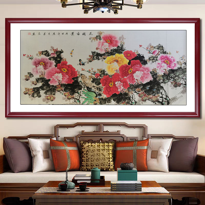 一级画家 李良志 手绘国画《花开富贵》中式水墨挂画 沙发背景墙画