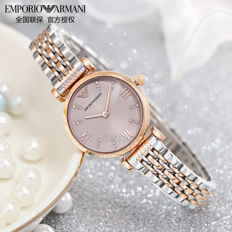 EMPORIO ARMANI 阿玛尼玫瑰小圆盘镶钻生日520情人节礼物送女友电子女表名表 【28MM】香槟金钢带 AR11223