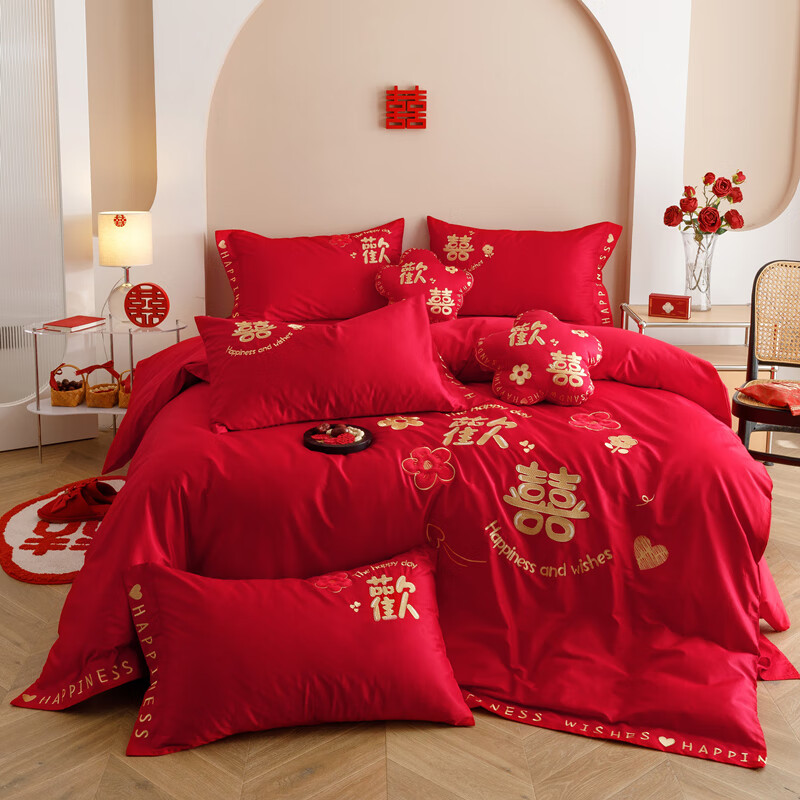 红色高感刺绣被套棉床单婚嫁喜被婚庆床上用品 【欢喜一生】刺绣工艺