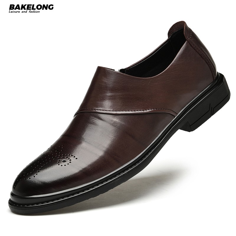 巴克龙（bakeLong）欧洲站低帮正装皮鞋男中青年商务休闲鞋轻便耐磨透气防滑小皮鞋 棕色 38