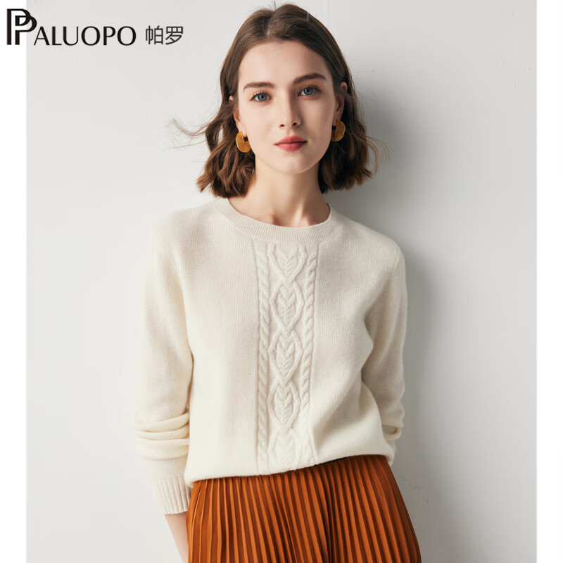 帕罗（PALUOPO）12针电纺】100%纯山羊绒衫女装针织肌理绞花圆领秋冬 新古董白 M 100